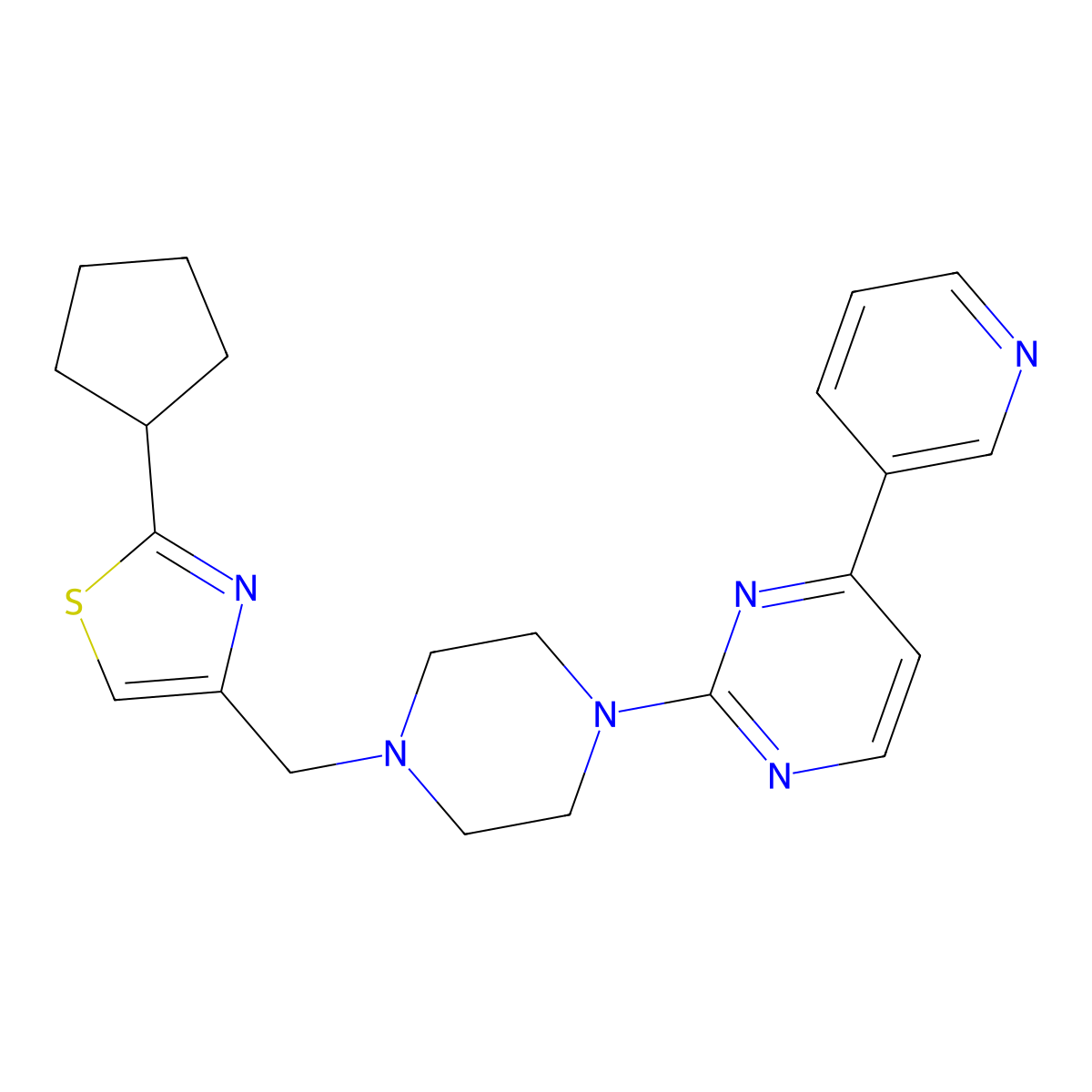 2-{4-[(2-Cyclopentyl-1,3-thiazol-4-yl)methyl]piperazin-1-yl}-4-(pyridin-3-yl)pyrimidine molecular structure, CAS 2741910-56-3