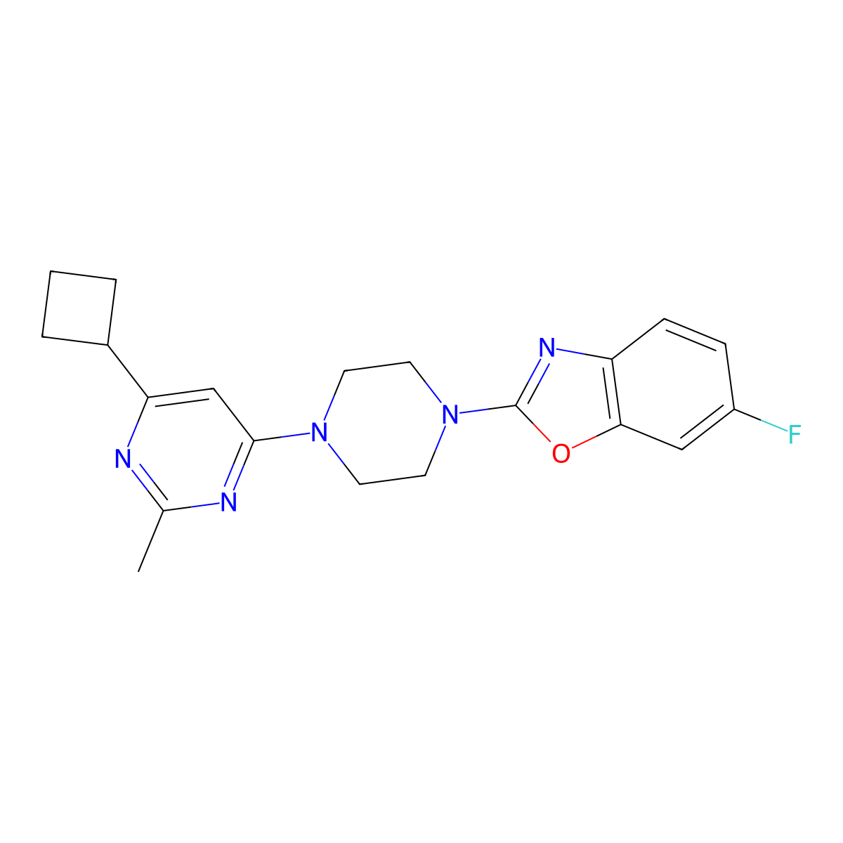 2-[4-(6-Cyclobutyl-2-methylpyrimidin-4-yl)piperazin-1-yl]-6-fluoro-1,3-benzoxazole molecular structure, CAS 2741910-63-2