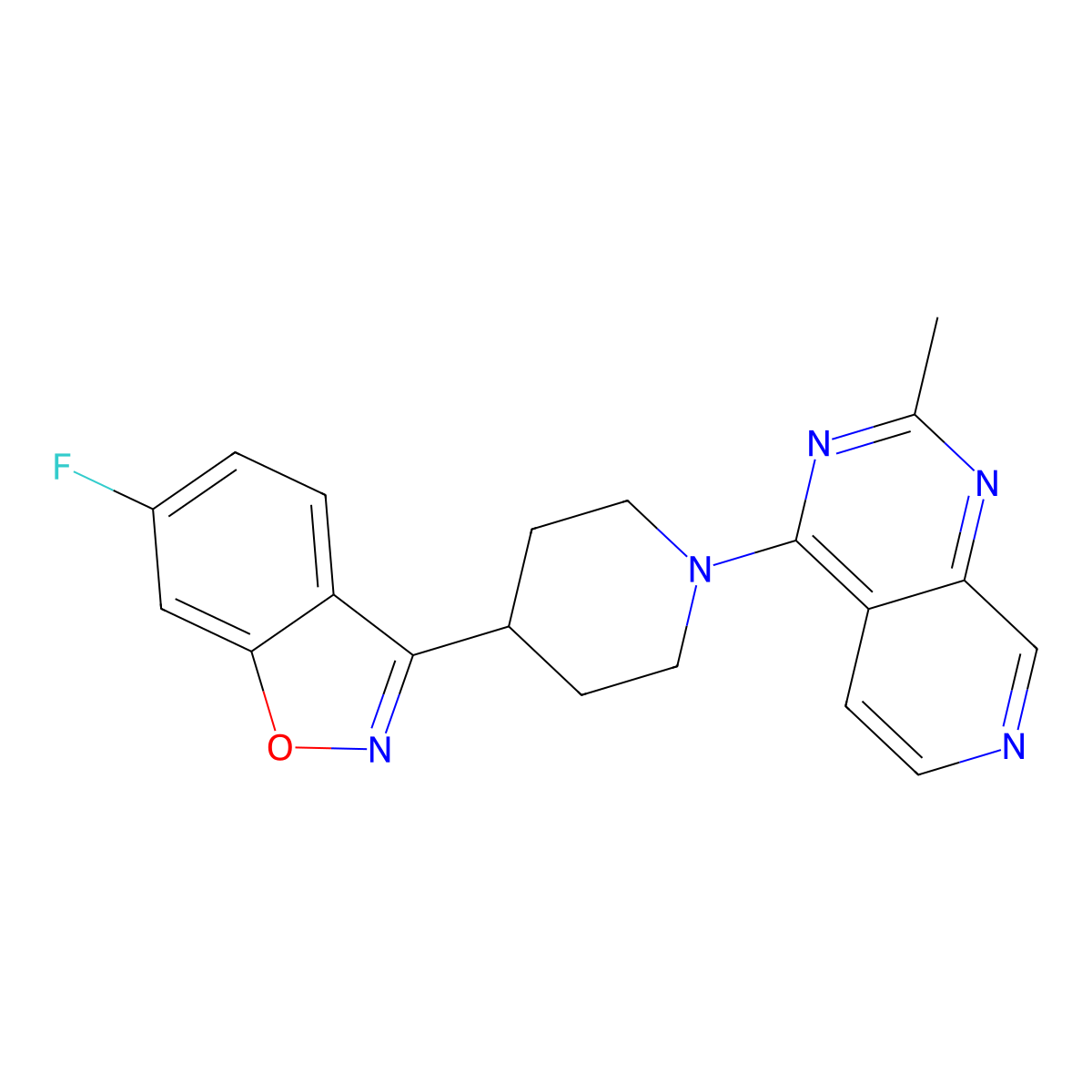 6-Fluoro-3-(1-{2-methylpyrido[3,4-d]pyrimidin-4-yl}piperidin-4-yl)-1,2-benzoxazole molecular structure, CAS 2741910-69-8