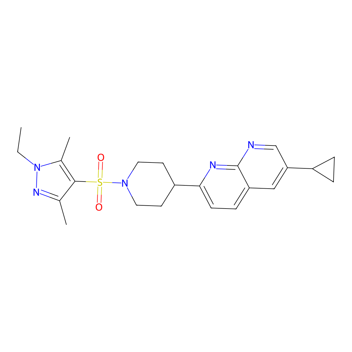 6-cyclopropyl-2-{1-[(1-ethyl-3,5-dimethyl-1H-pyrazol-4-yl)sulfonyl]piperidin-4-yl}-1,8-naphthyridine molecular structure, CAS 2741910-70-1