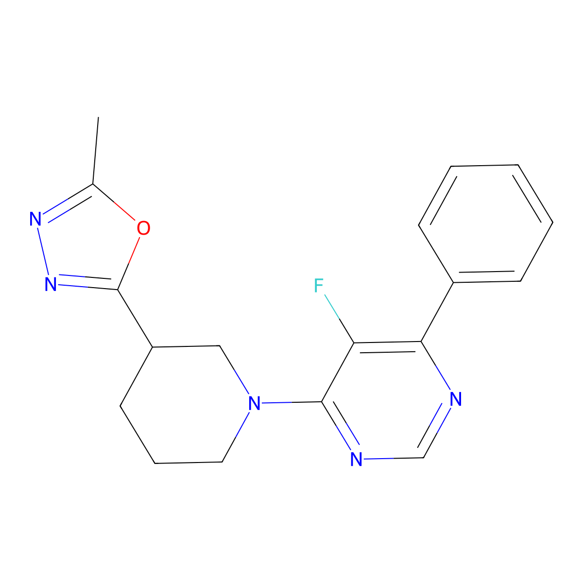 5-Fluoro-4-[3-(5-methyl-1,3,4-oxadiazol-2-yl)piperidin-1-yl]-6-phenylpyrimidine molecular structure, CAS 2741910-92-7