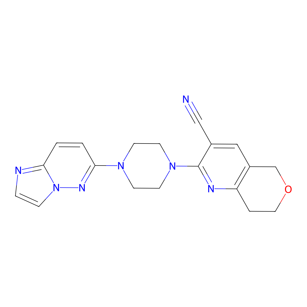 2-(4-{imidazo[1,2-b]pyridazin-6-yl}piperazin-1-yl)-5H,7H,8H-pyrano[4,3-b]pyridine-3-carbonitrile molecular structure, CAS 2741910-96-1