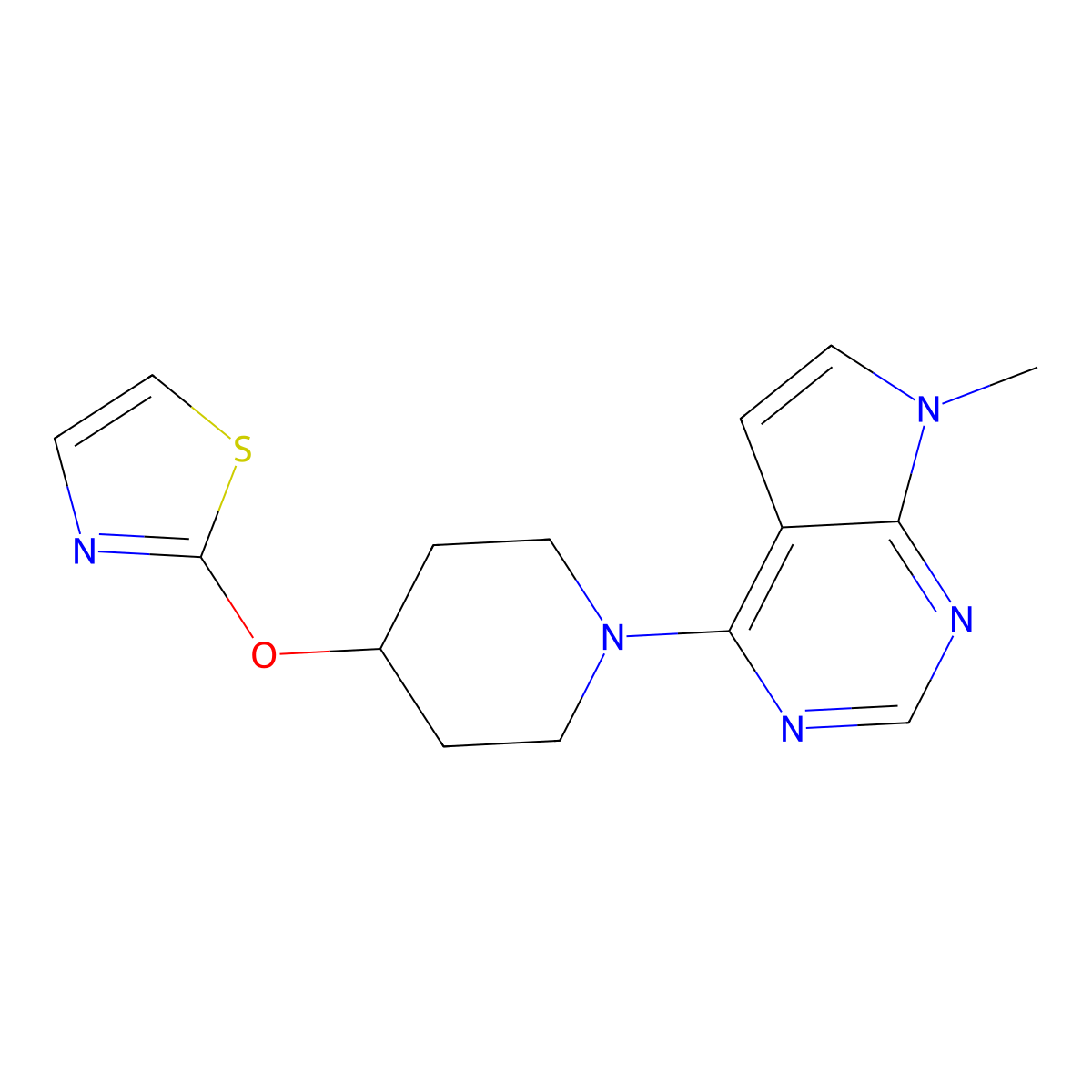 1-{7-methyl-7H-pyrrolo[2,3-d]pyrimidin-4-yl}-4-(1,3-thiazol-2-yloxy)piperidine molecular structure, CAS 2741911-01-1