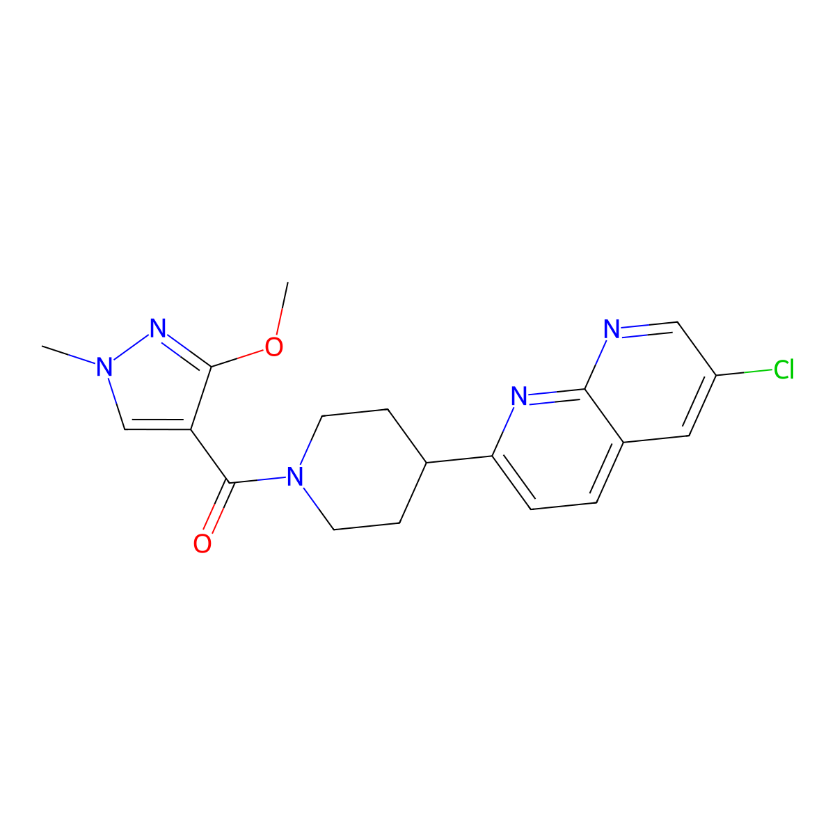 6-chloro-2-[1-(3-methoxy-1-methyl-1H-pyrazole-4-carbonyl)piperidin-4-yl]-1,8-naphthyridine molecular structure, CAS 2741911-02-2