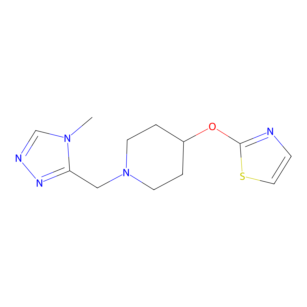 1-[(4-methyl-4H-1,2,4-triazol-3-yl)methyl]-4-(1,3-thiazol-2-yloxy)piperidine molecular structure, CAS 2741911-43-1