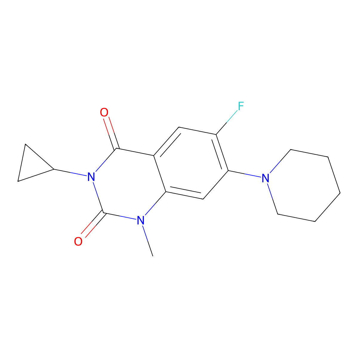 3-Cyclopropyl-6-fluoro-1-methyl-7-(piperidin-1-yl)-1,2,3,4-tetrahydroquinazoline-2,4-dione molecular structure, CAS 2741911-62-4
