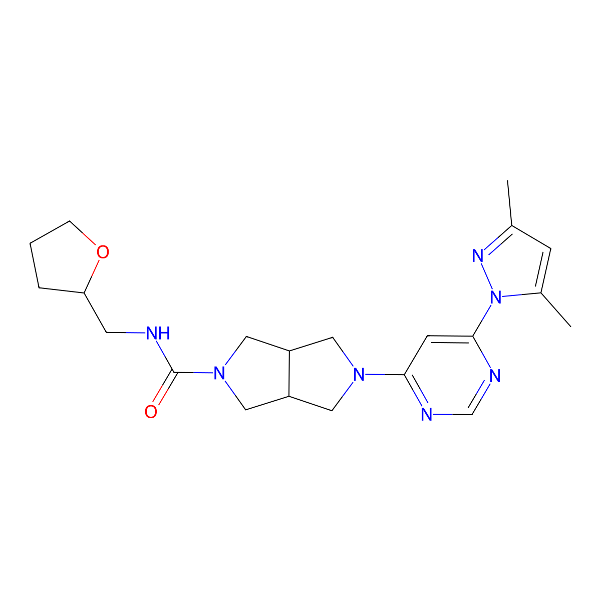 5-[6-(3,5-dimethyl-1H-pyrazol-1-yl)pyrimidin-4-yl]-N-[(oxolan-2-yl)methyl]-octahydropyrrolo[3,4-c]pyrrole-2-carboxamide molecular structure, CAS 2741911-67-9