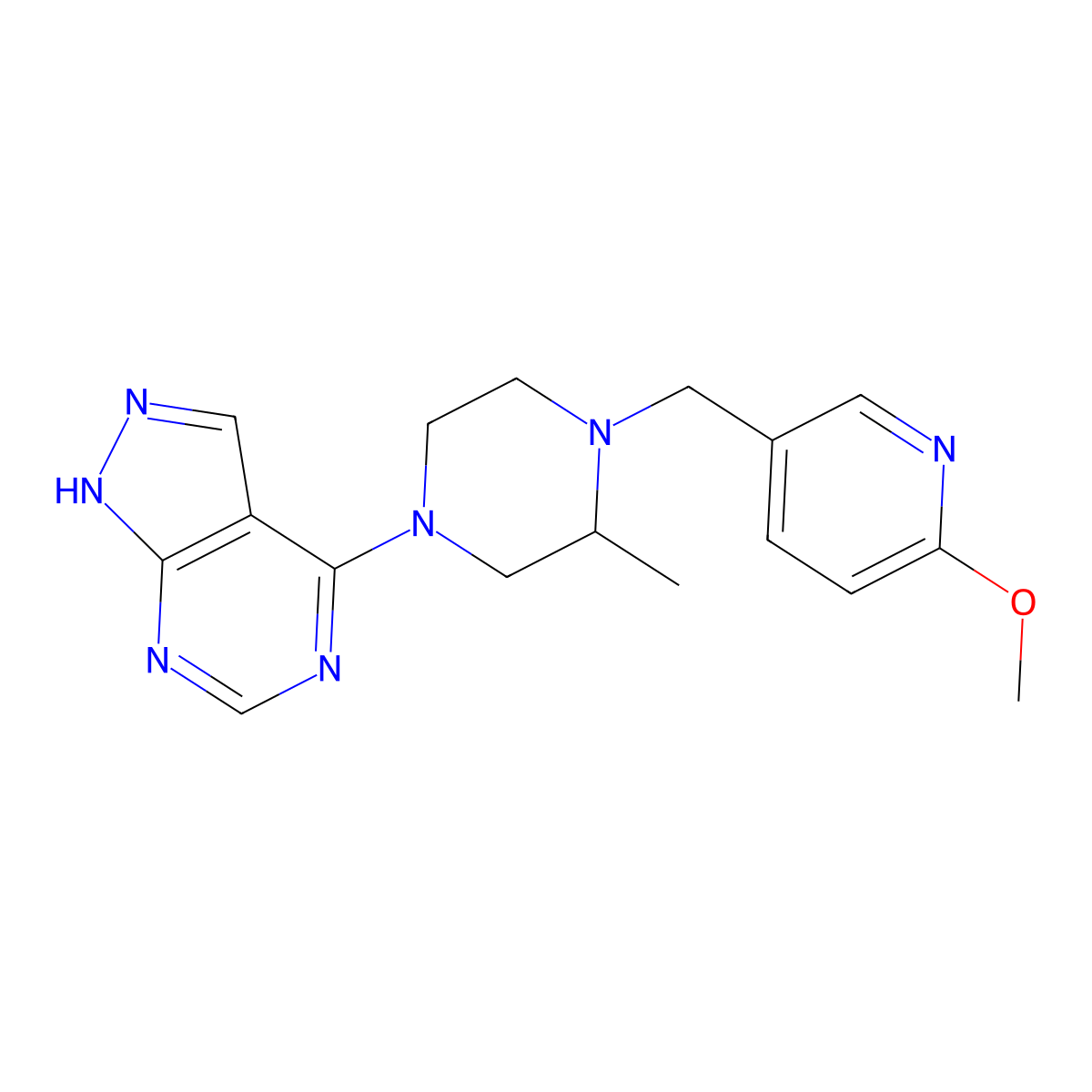 1-[(6-methoxypyridin-3-yl)methyl]-2-methyl-4-{1H-pyrazolo[3,4-d]pyrimidin-4-yl}piperazine molecular structure, CAS 2741911-69-1