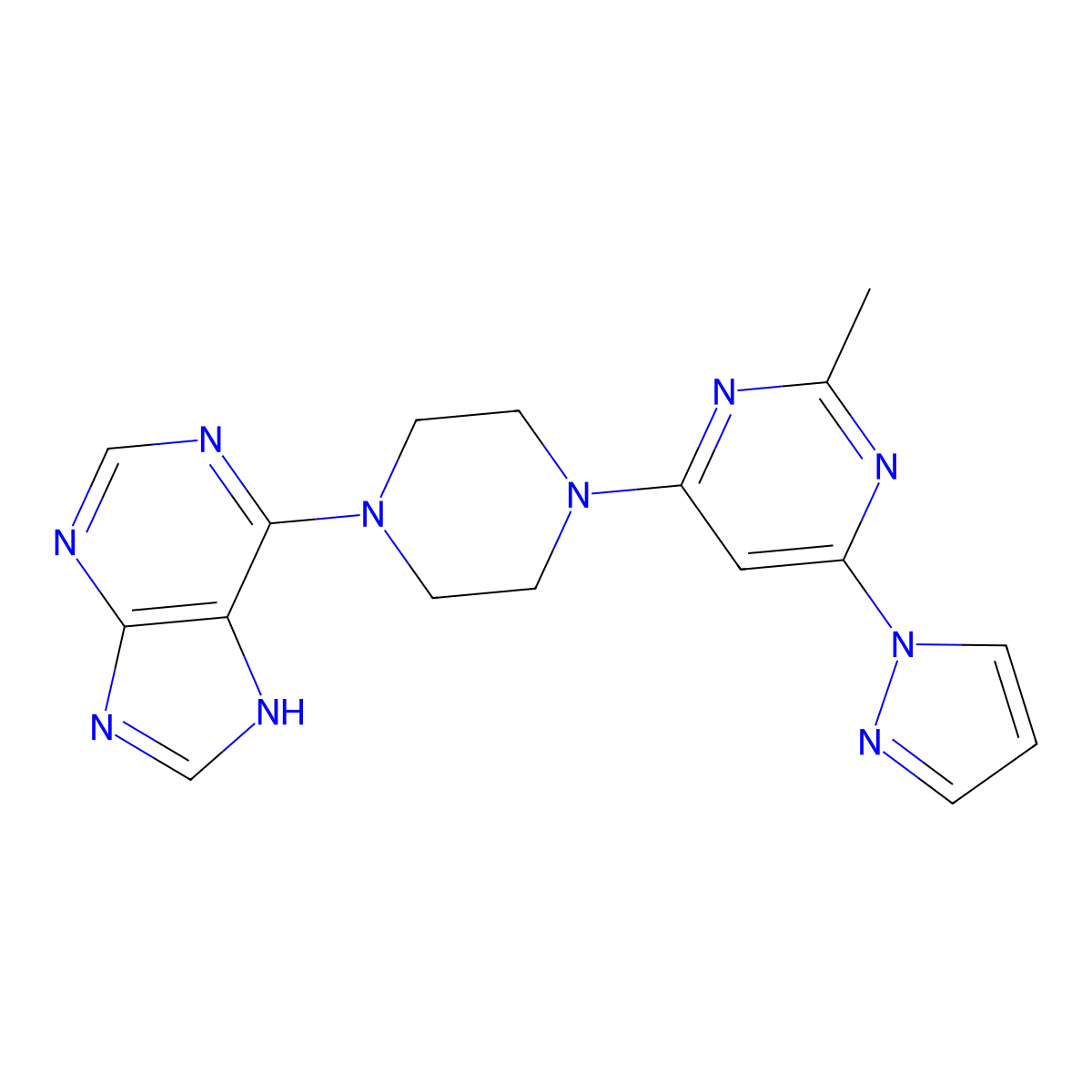 6-{4-[2-methyl-6-(1H-pyrazol-1-yl)pyrimidin-4-yl]piperazin-1-yl}-9H-purine molecular structure, CAS 2741911-77-1
