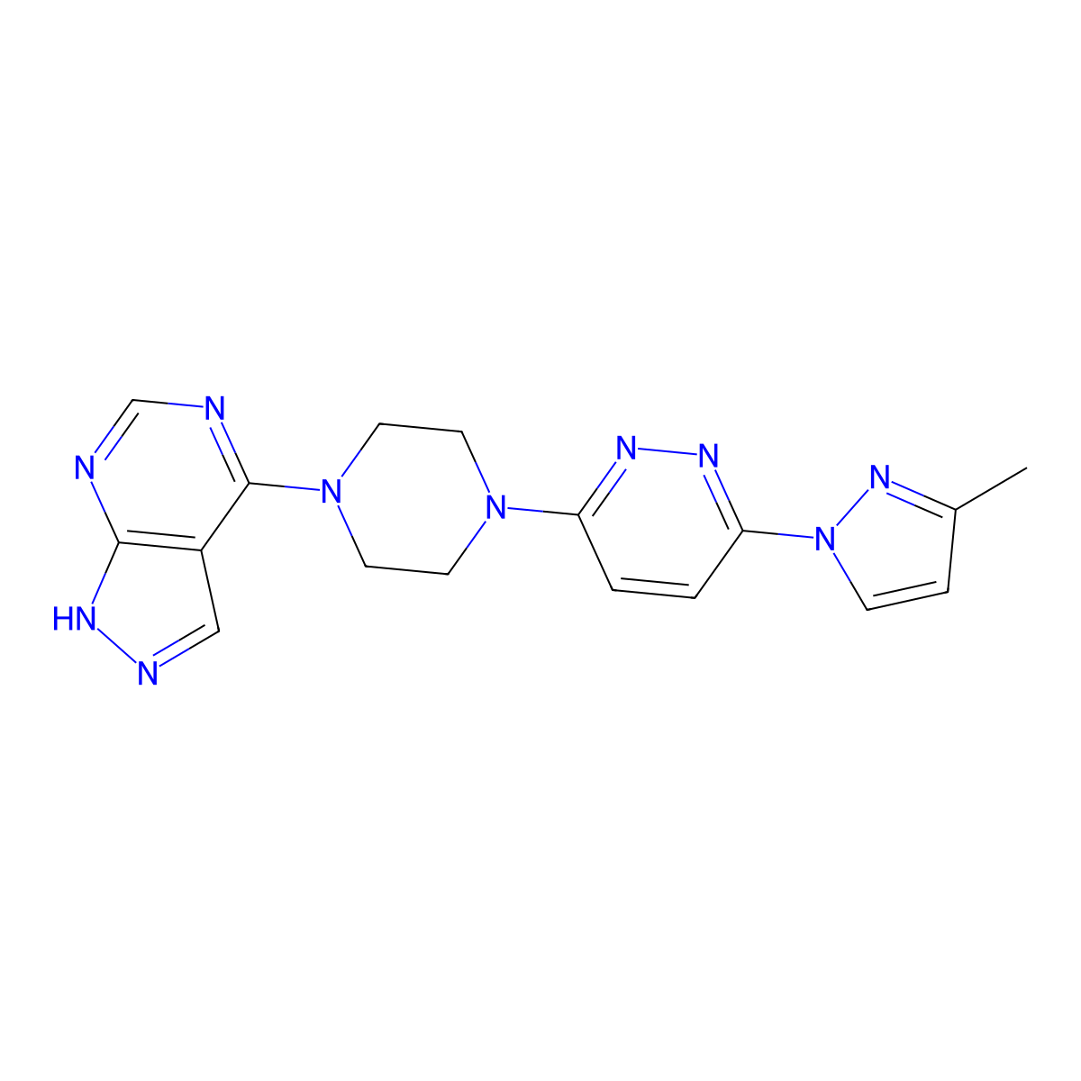 3-(3-methyl-1H-pyrazol-1-yl)-6-(4-{1H-pyrazolo[3,4-d]pyrimidin-4-yl}piperazin-1-yl)pyridazine molecular structure, CAS 2741911-79-3
