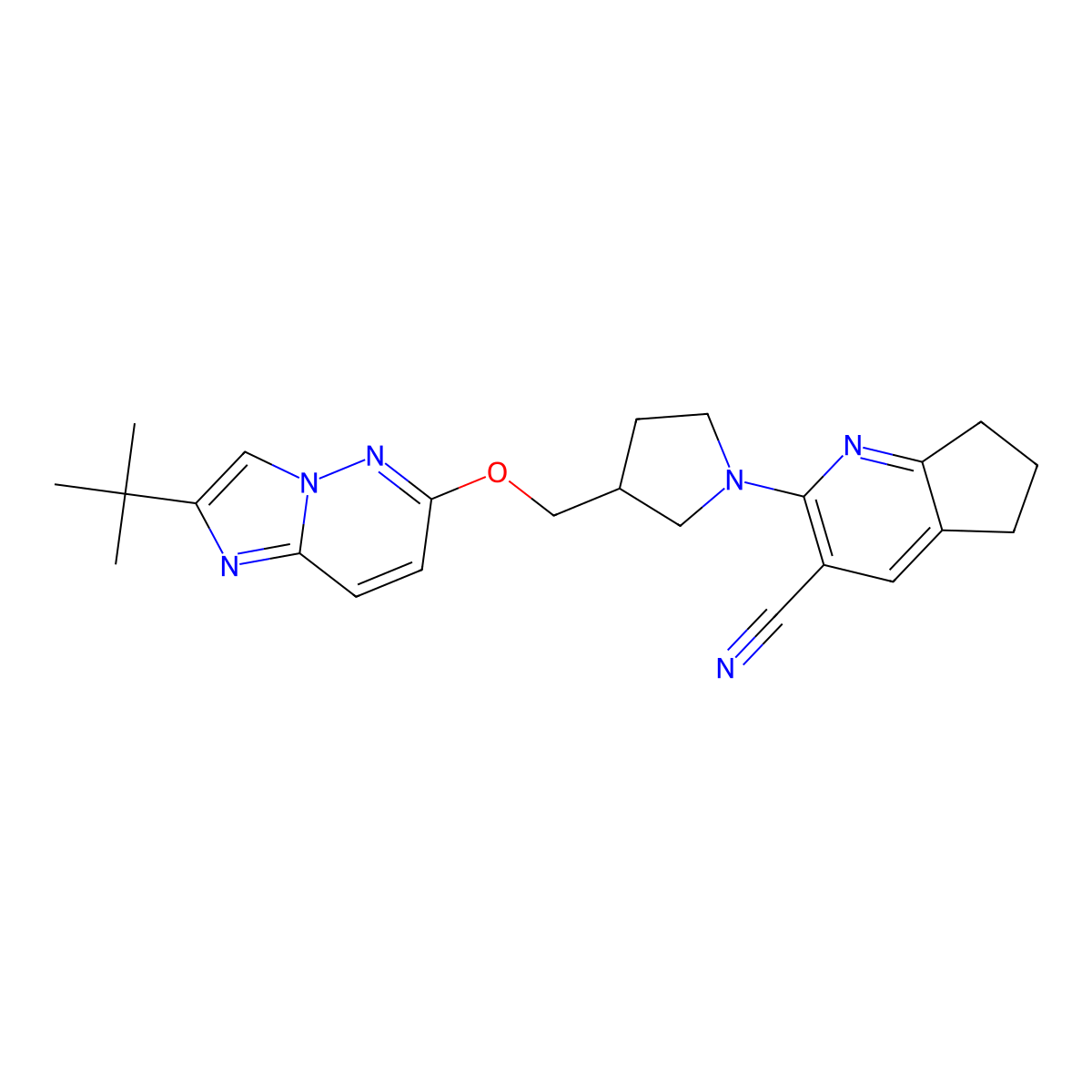 2-{3-[({2-tert-butylimidazo[1,2-b]pyridazin-6-yl}oxy)methyl]pyrrolidin-1-yl}-5H,6H,7H-cyclopenta[b]pyridine-3-carbonitrile molecular structure, CAS 2741911-81-7