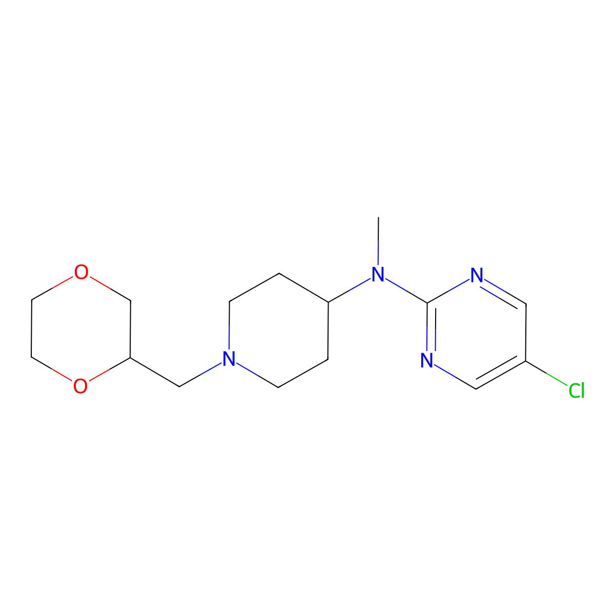 5-chloro-N-{1-[(1,4-dioxan-2-yl)methyl]piperidin-4-yl}-N-methylpyrimidin-2-amine molecular structure, CAS 2741911-85-1