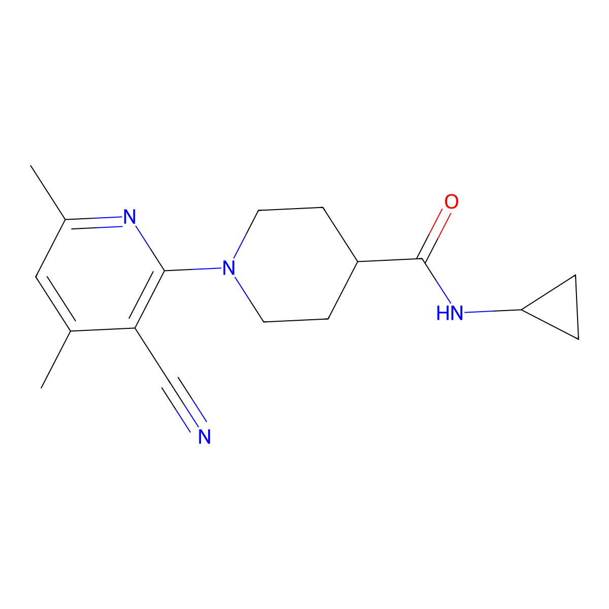 1-(3-cyano-4,6-dimethylpyridin-2-yl)-N-cyclopropylpiperidine-4-carboxamide molecular structure, CAS 2741912-64-9