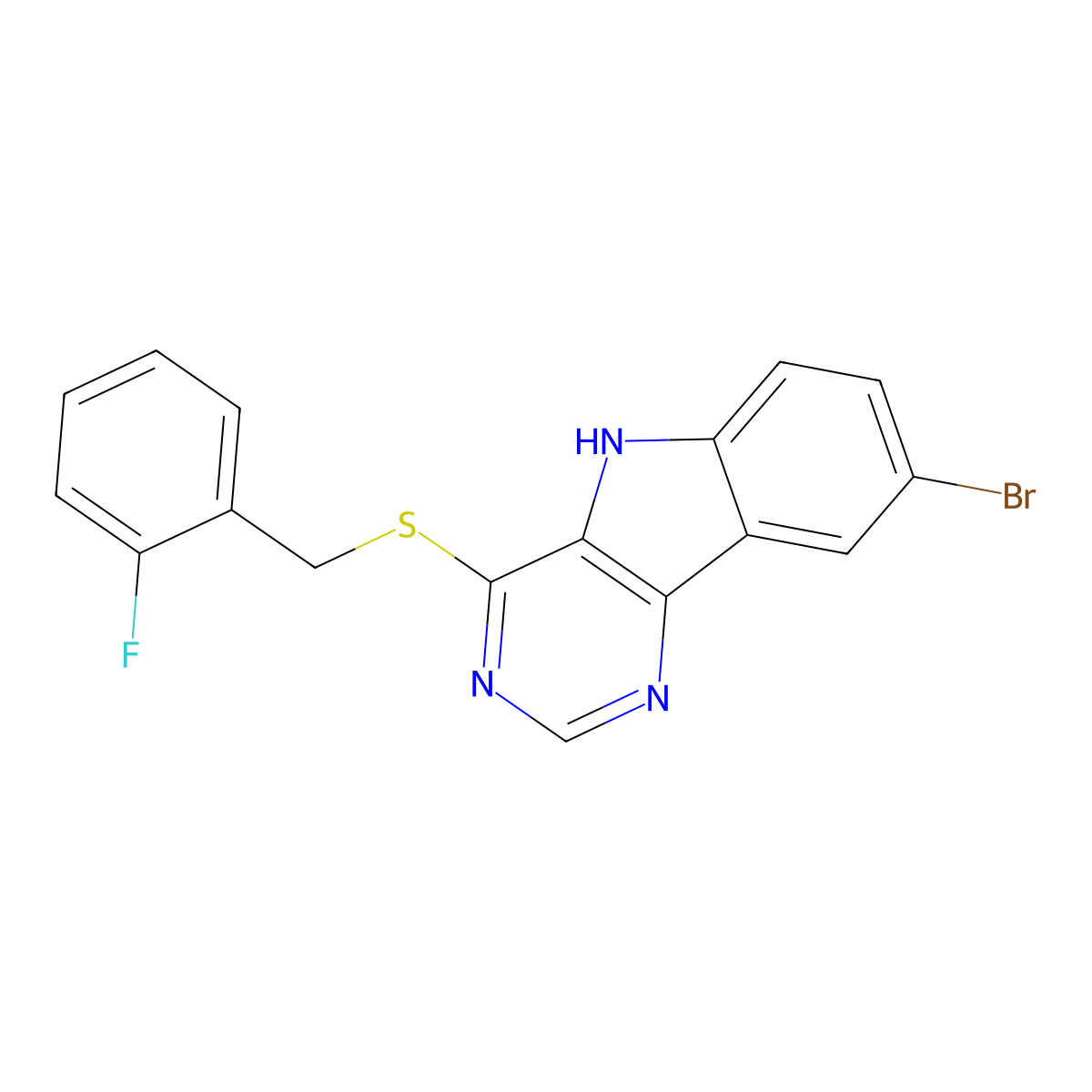 8-bromo-4-{[(2-fluorophenyl)methyl]sulfanyl}-5H-pyrimido[5,4-b]indole molecular structure, CAS 2741912-69-4