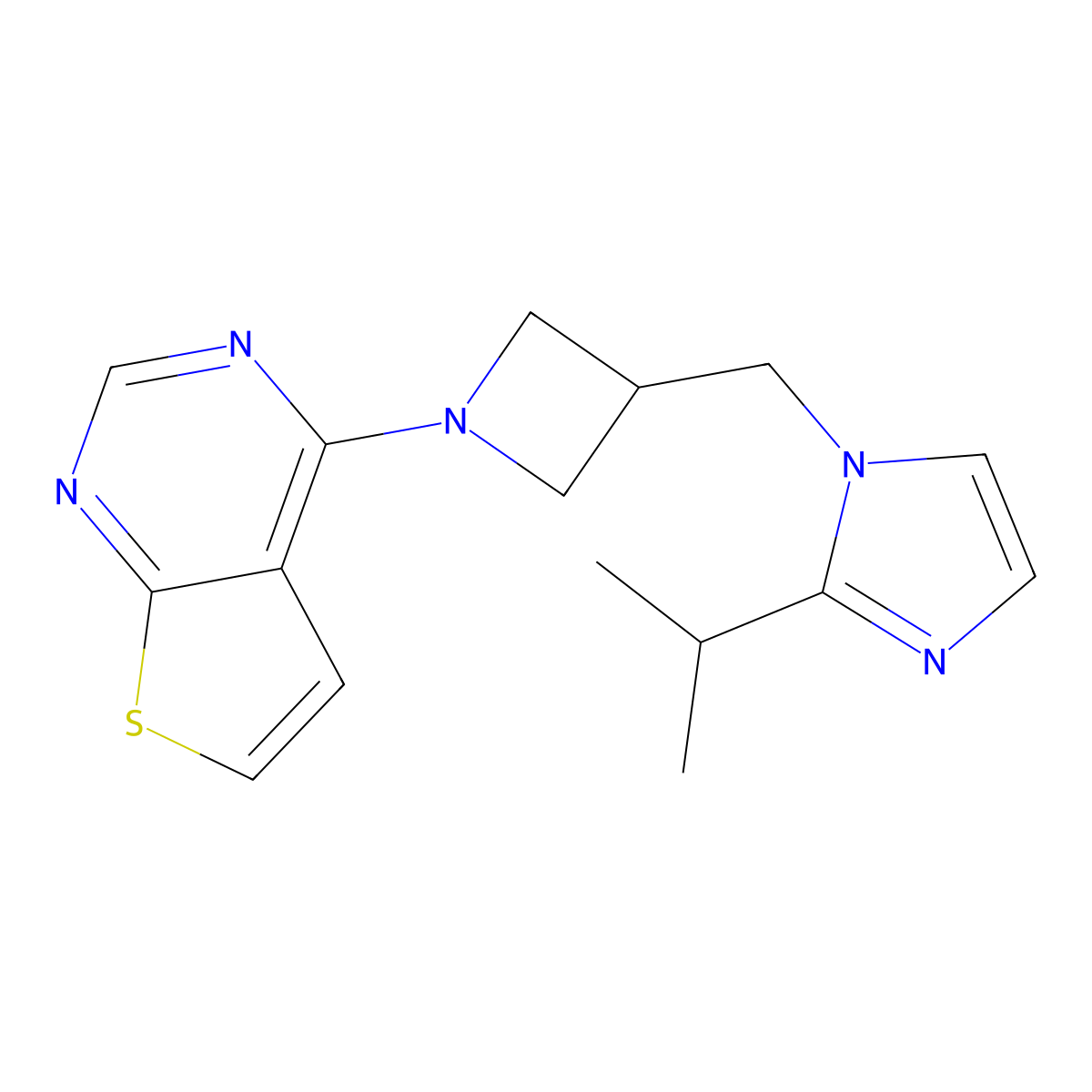 2-(propan-2-yl)-1-[(1-{thieno[2,3-d]pyrimidin-4-yl}azetidin-3-yl)methyl]-1H-imidazole molecular structure, CAS 2741912-95-6