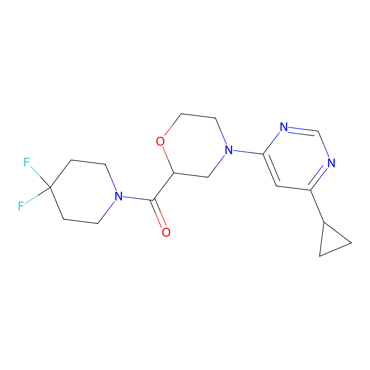 4-(6-Cyclopropylpyrimidin-4-yl)-2-(4,4-difluoropiperidine-1-carbonyl)morpholine molecular structure, CAS 2741913-03-9