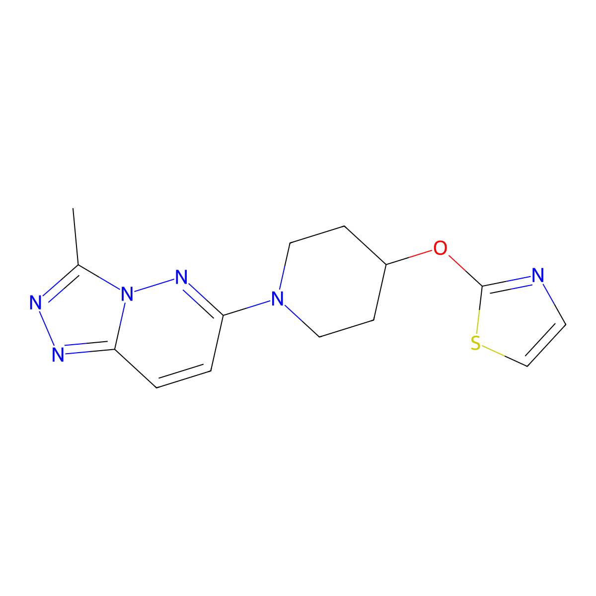 1-{3-Methyl-[1,2,4]triazolo[4,3-b]pyridazin-6-yl}-4-(1,3-thiazol-2-yloxy)piperidine molecular structure, CAS 2741913-04-0