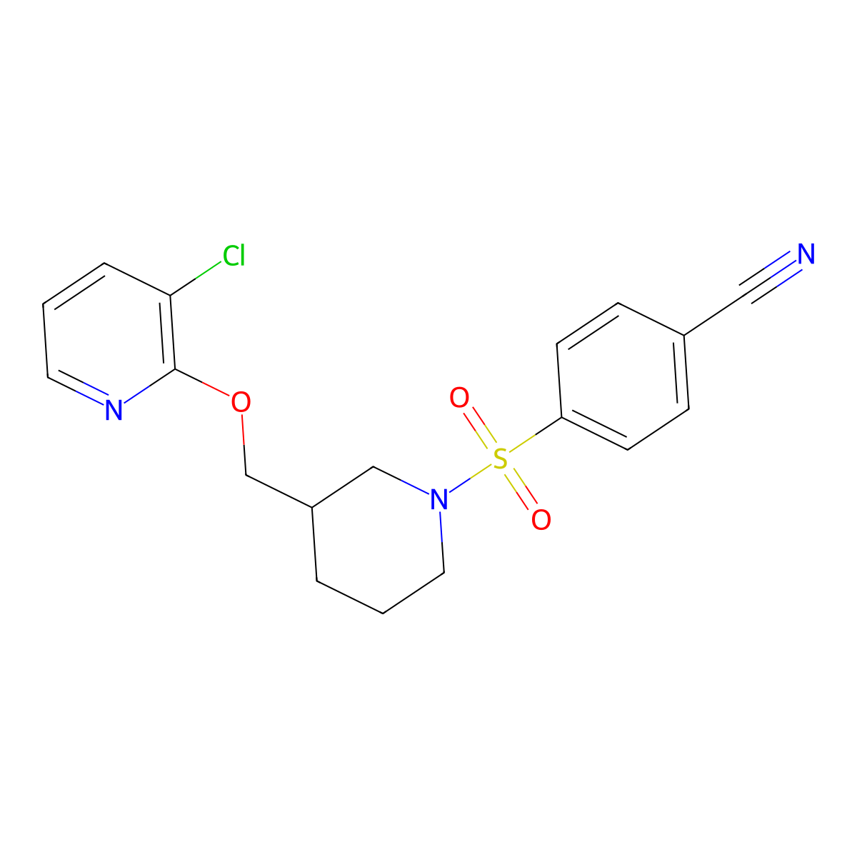 4-[(3-{[(3-Chloropyridin-2-yl)oxy]methyl}piperidin-1-yl)sulfonyl]benzonitrile molecular structure, CAS 2741913-21-1