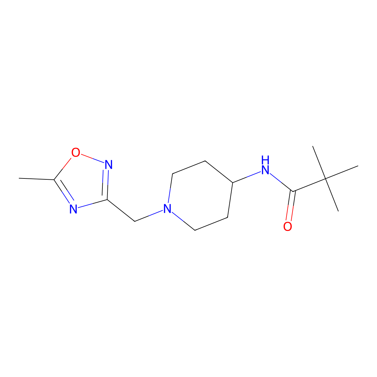 2,2-dimethyl-N-{1-[(5-methyl-1,2,4-oxadiazol-3-yl)methyl]piperidin-4-yl}propanamide molecular structure, CAS 2741913-23-3