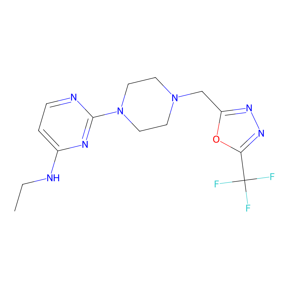 N-ethyl-2-(4-{[5-(trifluoromethyl)-1,3,4-oxadiazol-2-yl]methyl}piperazin-1-yl)pyrimidin-4-amine molecular structure, CAS 2741913-33-5