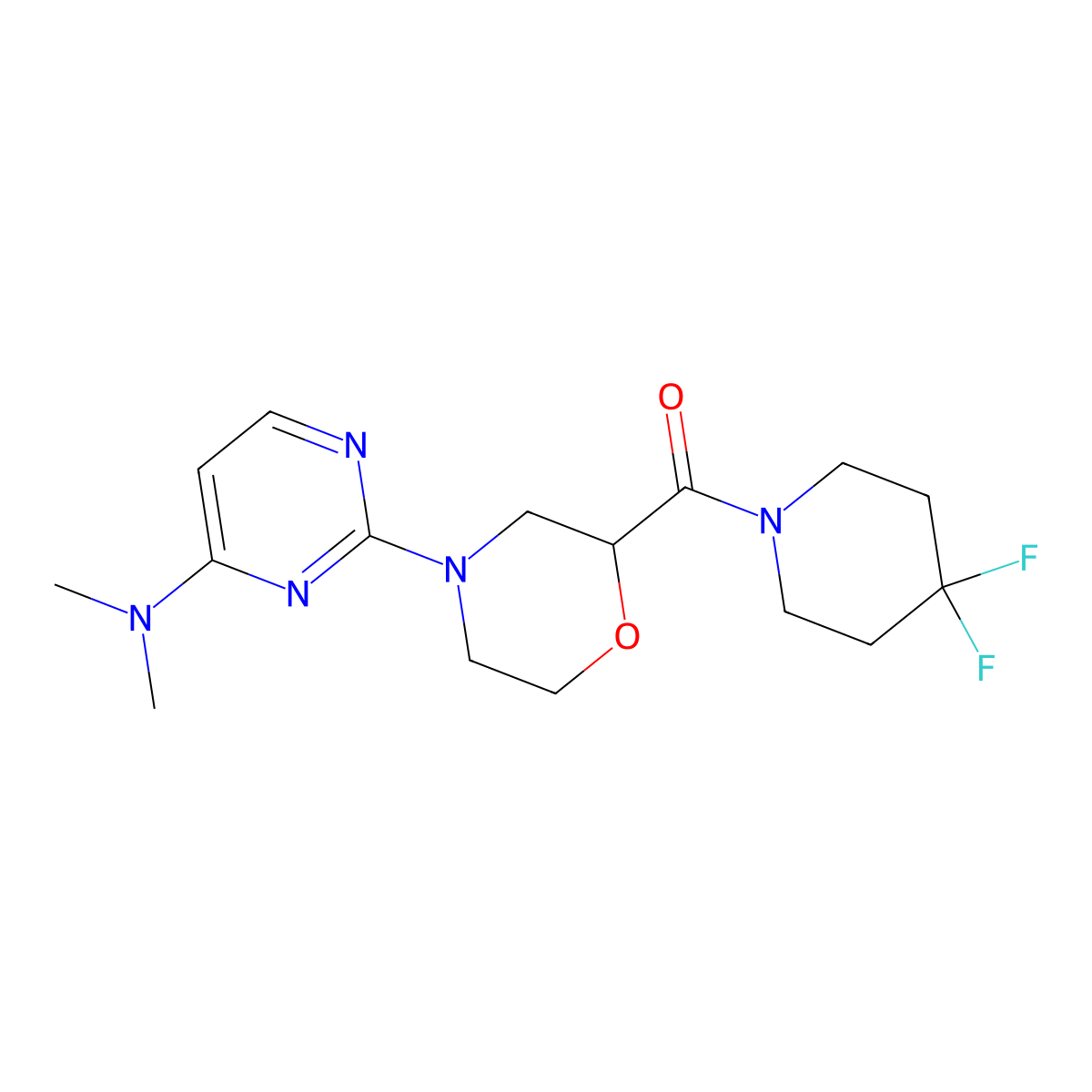 2-[2-(4,4-difluoropiperidine-1-carbonyl)morpholin-4-yl]-N,N-dimethylpyrimidin-4-amine molecular structure, CAS 2741913-39-1