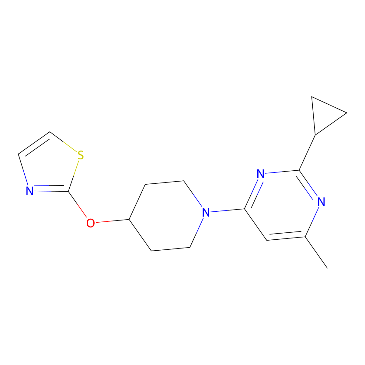 2-Cyclopropyl-4-methyl-6-[4-(1,3-thiazol-2-yloxy)piperidin-1-yl]pyrimidine molecular structure, CAS 2741913-47-1