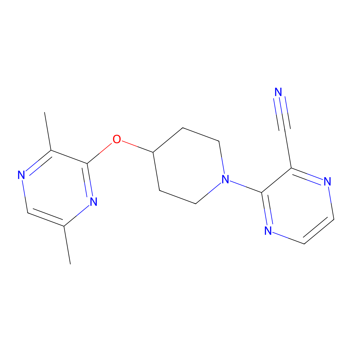 3-{4-[(3,6-Dimethylpyrazin-2-yl)oxy]piperidin-1-yl}pyrazine-2-carbonitrile molecular structure, CAS 2741913-56-2