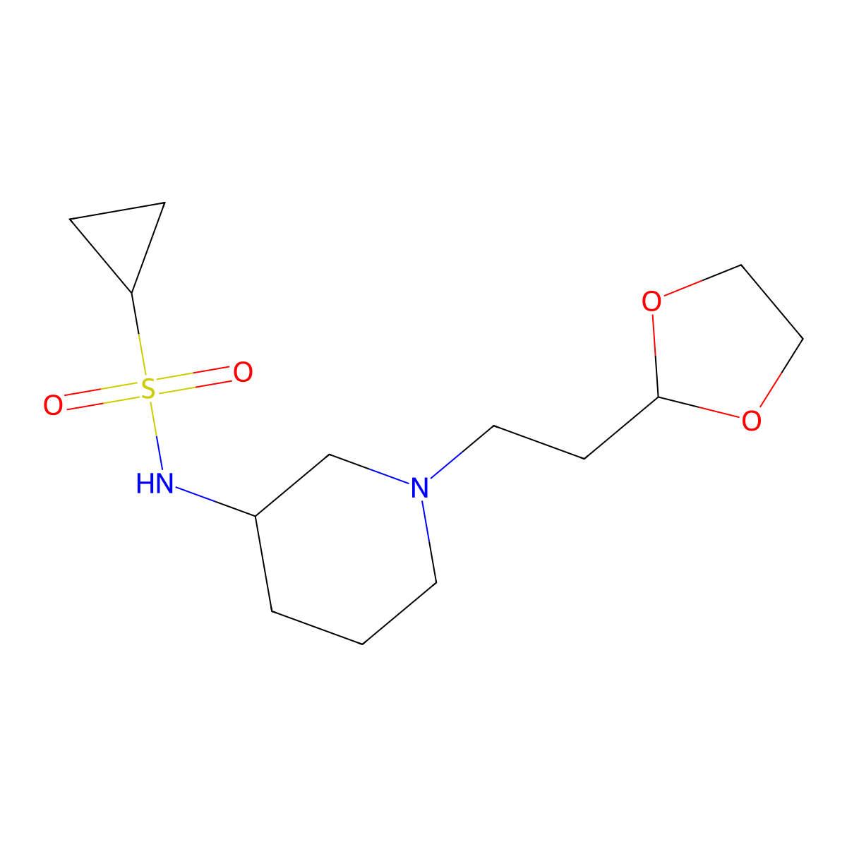 N-{1-[2-(1,3-dioxolan-2-yl)ethyl]piperidin-3-yl}cyclopropanesulfonamide molecular structure, CAS 2741913-59-5