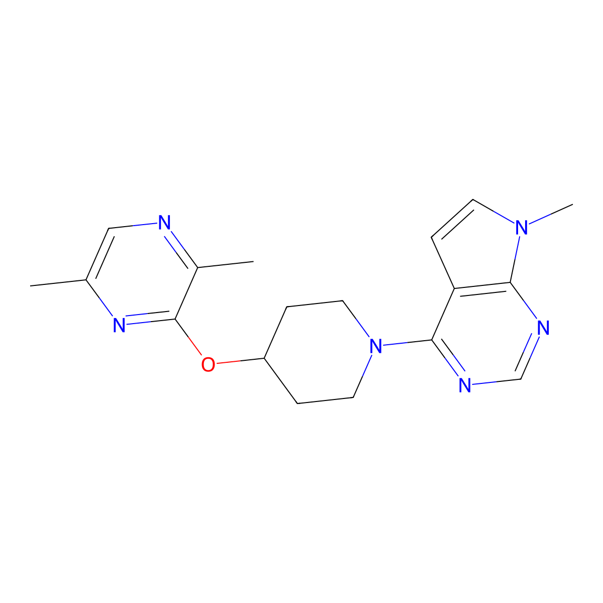 2,5-dimethyl-3-[(1-{7-methyl-7H-pyrrolo[2,3-d]pyrimidin-4-yl}piperidin-4-yl)oxy]pyrazine molecular structure, CAS 2741913-60-8