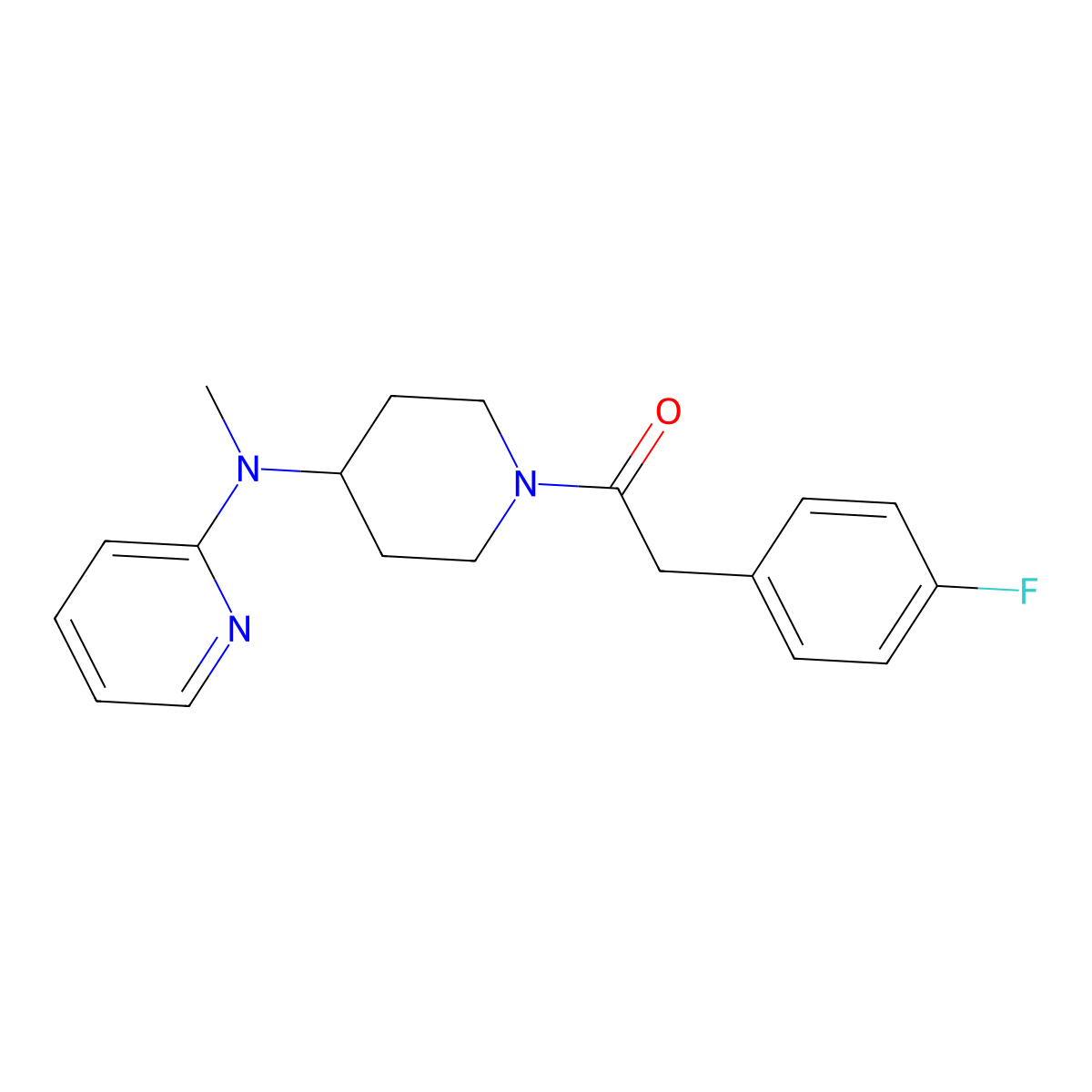 2-(4-Fluorophenyl)-1-{4-[methyl(pyridin-2-yl)amino]piperidin-1-yl}ethan-1-one molecular structure, CAS 2741913-61-9