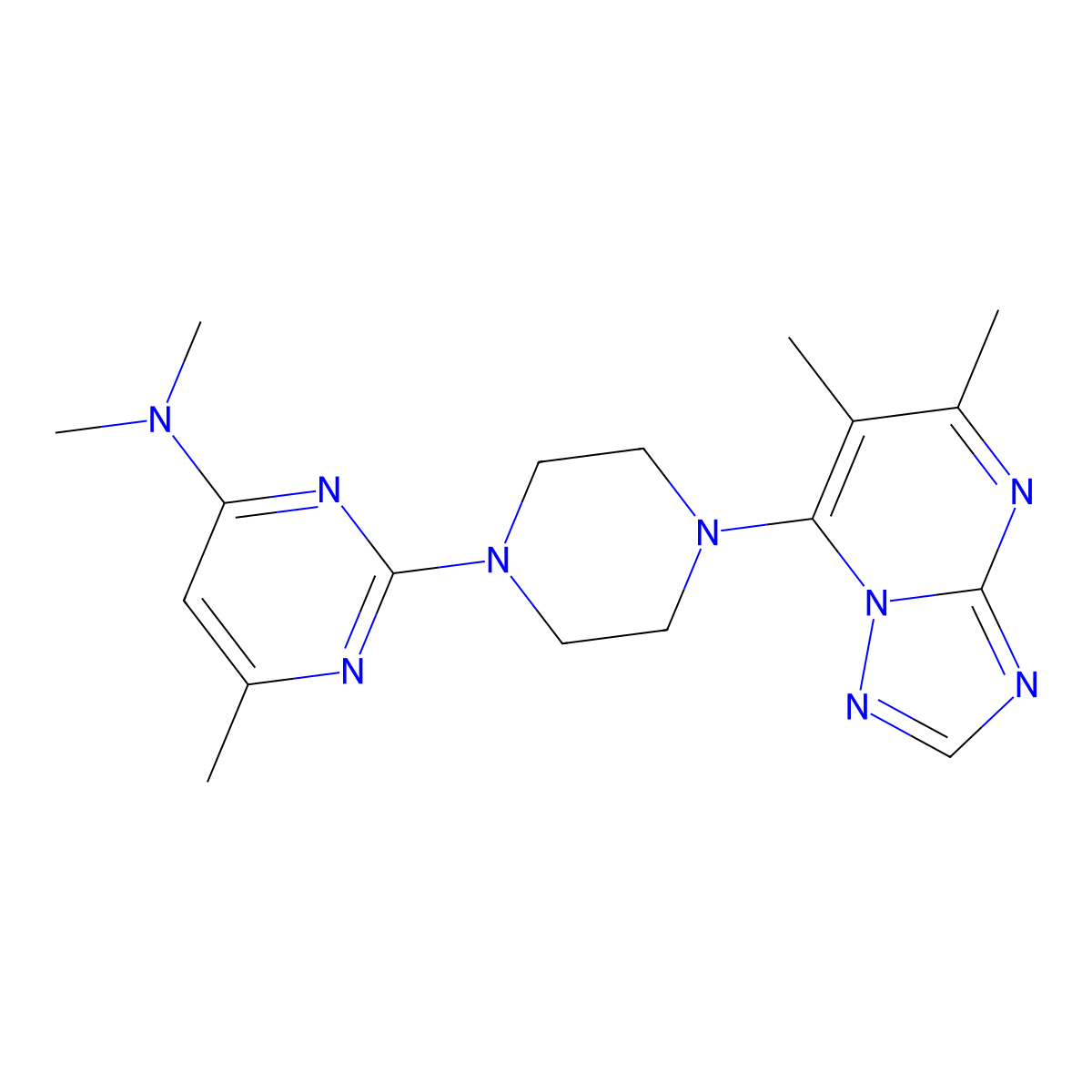 2-(4-{5,6-dimethyl-[1,2,4]triazolo[1,5-a]pyrimidin-7-yl}piperazin-1-yl)-N,N,6-trimethylpyrimidin-4-amine molecular structure, CAS 2741913-62-0