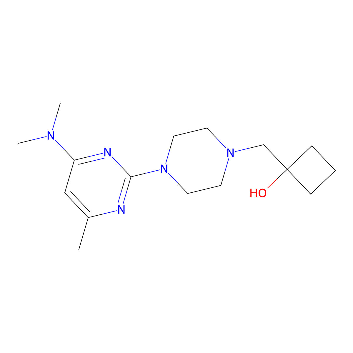 1-({4-[4-(Dimethylamino)-6-methylpyrimidin-2-yl]piperazin-1-yl}methyl)cyclobutan-1-ol molecular structure, CAS 2741913-68-6