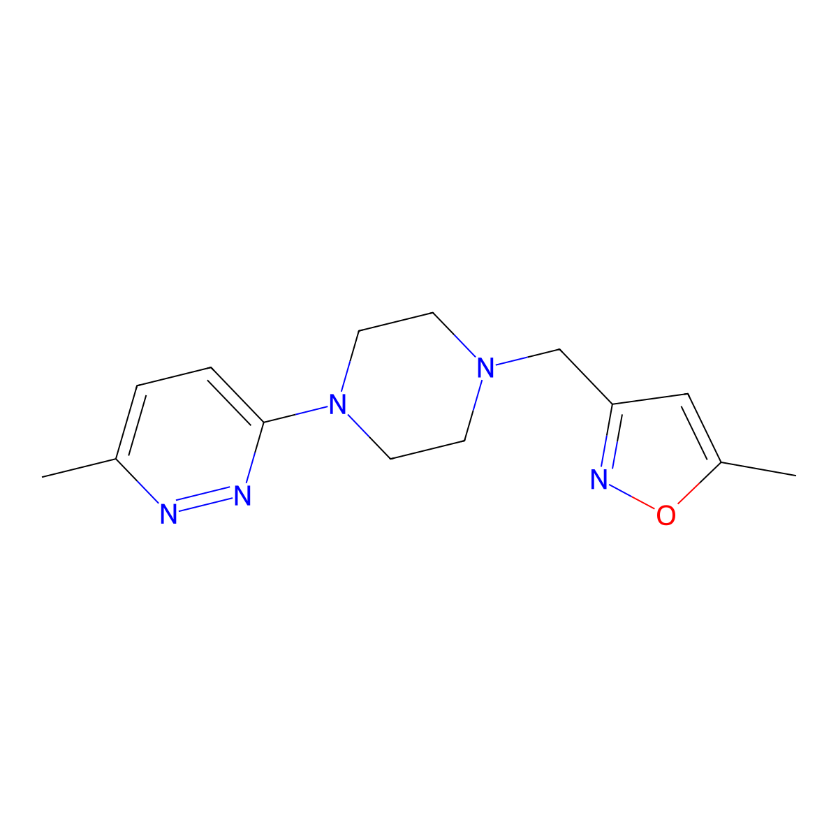 3-Methyl-6-{4-[(5-methyl-1,2-oxazol-3-yl)methyl]piperazin-1-yl}pyridazine molecular structure, CAS 2741913-82-4