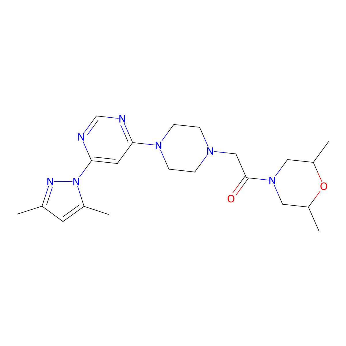 2-{4-[6-(3,5-dimethyl-1H-pyrazol-1-yl)pyrimidin-4-yl]piperazin-1-yl}-1-(2,6-dimethylmorpholin-4-yl)ethan-1-one molecular structure, CAS 2741913-84-6