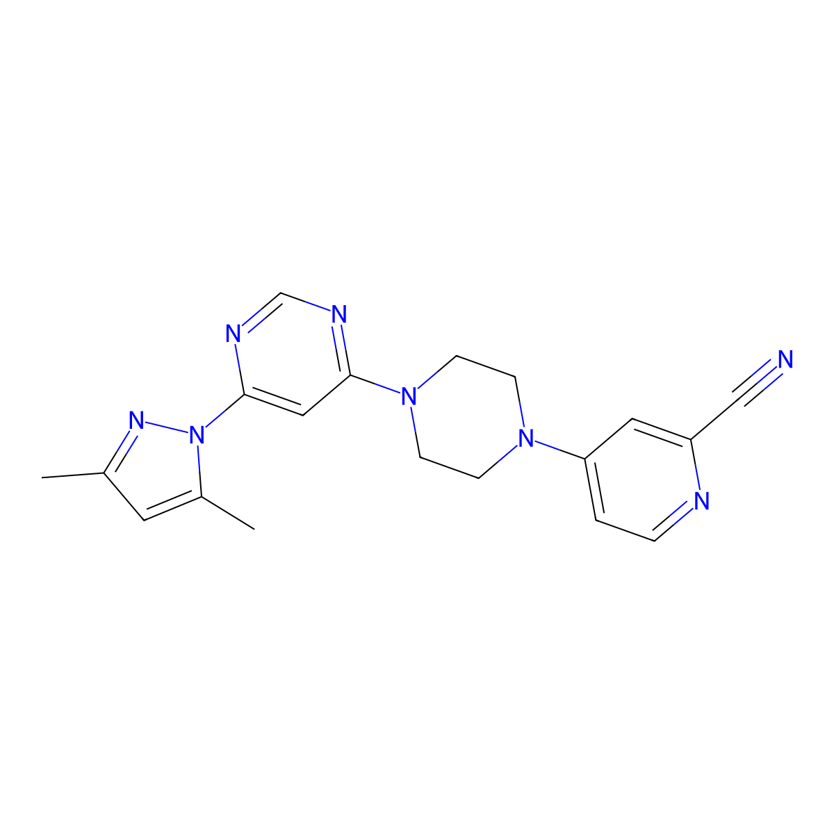 4-[4-[6-(3,5-Dimethylpyrazol-1-yl)pyrimidin-4-yl]piperazin-1-yl]pyridine-2-carbonitrile molecular structure, CAS 2741913-86-8