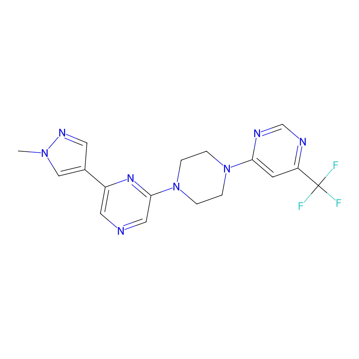 2-(1-methyl-1H-pyrazol-4-yl)-6-{4-[6-(trifluoromethyl)pyrimidin-4-yl]piperazin-1-yl}pyrazine molecular structure, CAS 2741913-90-4