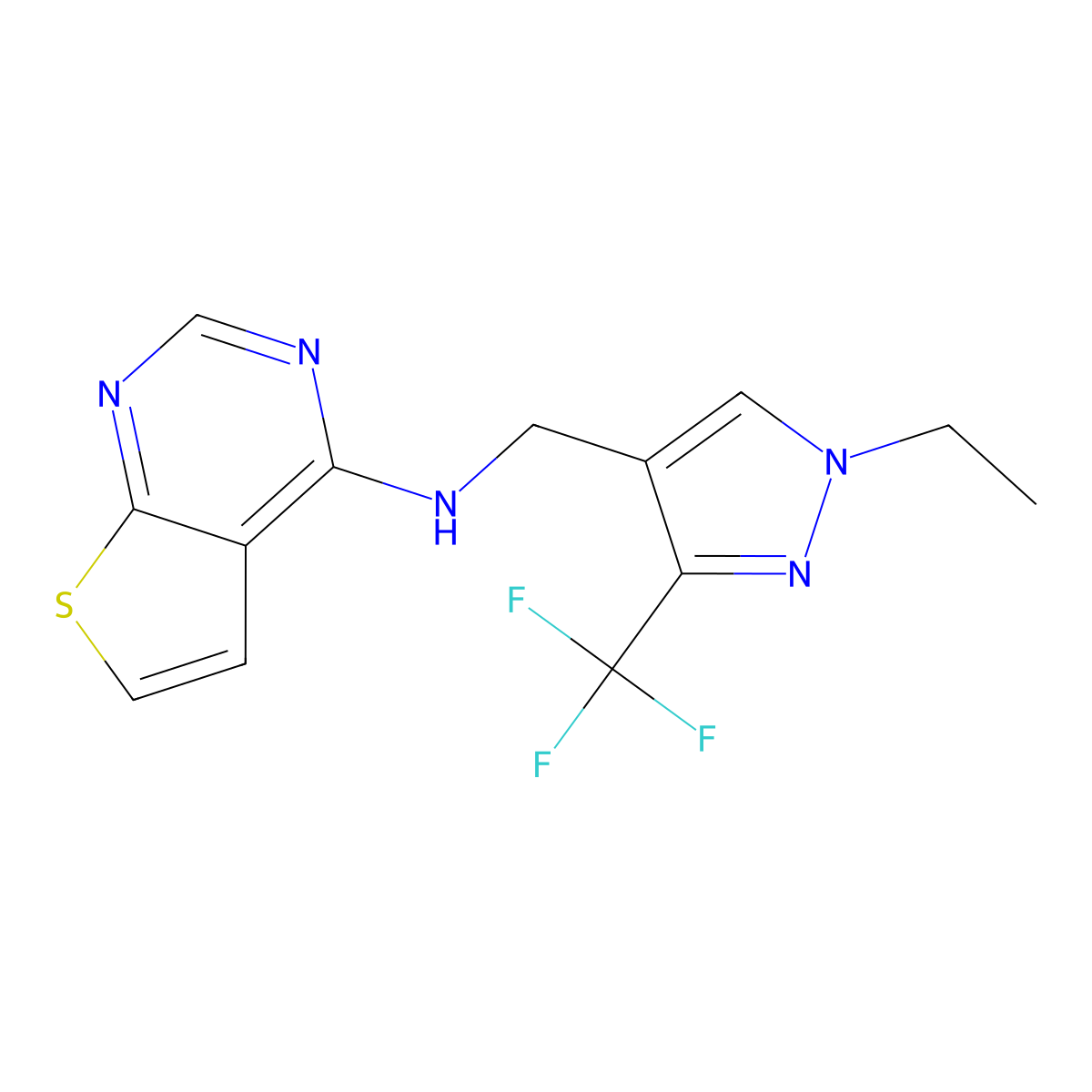 N-{[1-ethyl-3-(trifluoromethyl)-1H-pyrazol-4-yl]methyl}thieno[2,3-d]pyrimidin-4-amine molecular structure, CAS 2741913-98-2