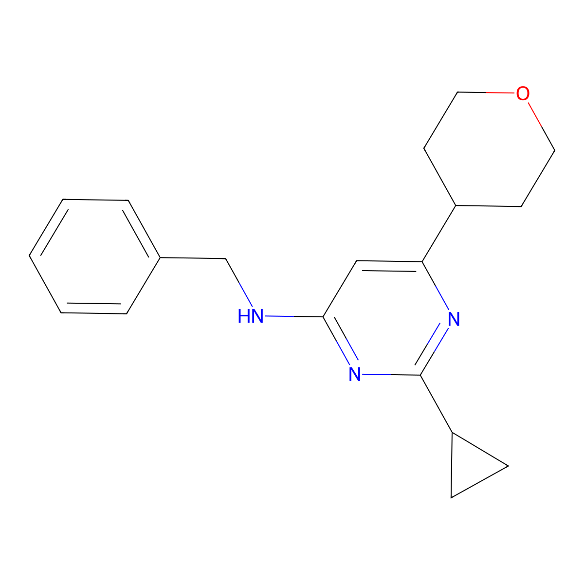 N-benzyl-2-cyclopropyl-6-(oxan-4-yl)pyrimidin-4-amine molecular structure, CAS 2741914-06-5