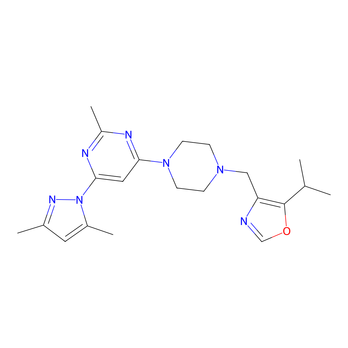 4-(3,5-dimethyl-1H-pyrazol-1-yl)-2-methyl-6-(4-{[5-(propan-2-yl)-1,3-oxazol-4-yl]methyl}piperazin-1-yl)pyrimidine molecular structure, CAS 2741914-13-4