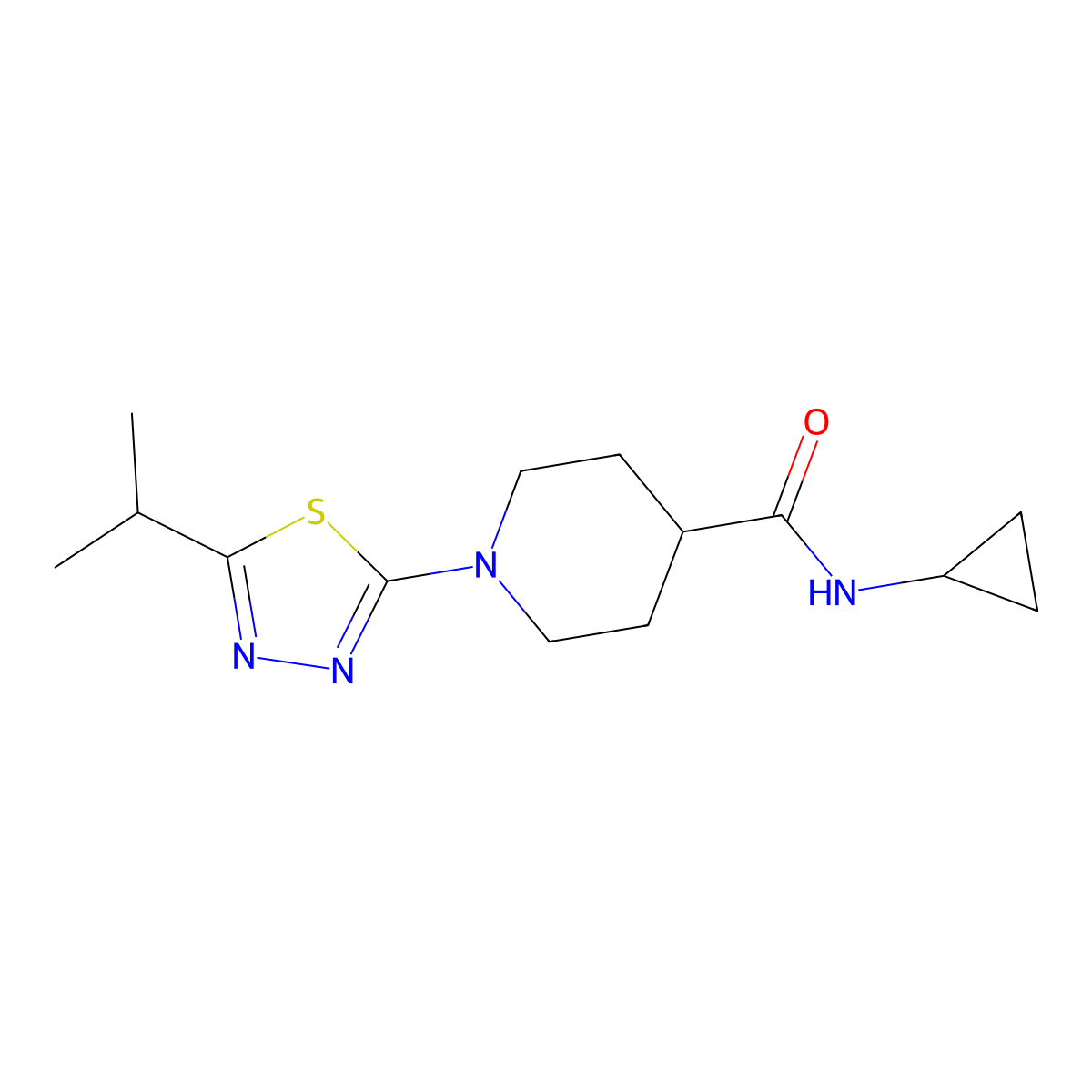 N-cyclopropyl-1-[5-(propan-2-yl)-1,3,4-thiadiazol-2-yl]piperidine-4-carboxamide molecular structure, CAS 2741914-18-9
