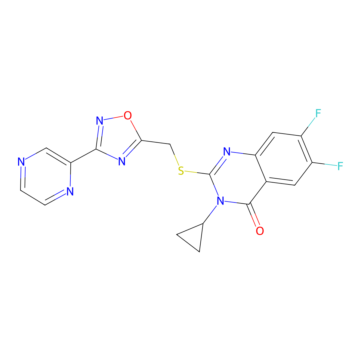 3-Cyclopropyl-6,7-difluoro-2-({[3-(pyrazin-2-yl)-1,2,4-oxadiazol-5-yl]methyl}sulfanyl)-3,4-dihydroquinazolin-4-one molecular structure, CAS 2741914-21-4