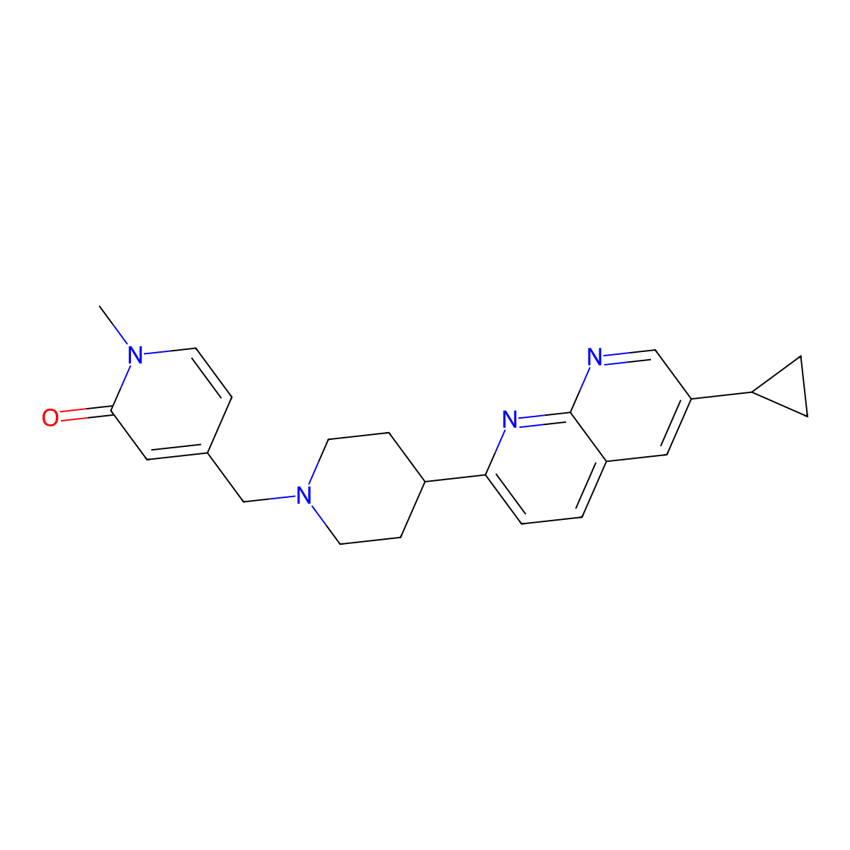 4-{[4-(6-Cyclopropyl-1,8-naphthyridin-2-yl)piperidin-1-yl]methyl}-1-methyl-1,2-dihydropyridin-2-one molecular structure, CAS 2741914-25-8