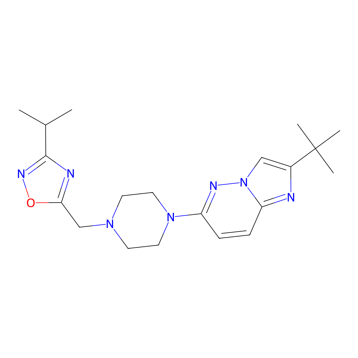 1-{2-Tert-butylimidazo[1,2-b]pyridazin-6-yl}-4-{[3-(propan-2-yl)-1,2,4-oxadiazol-5-yl]methyl}piperazine molecular structure, CAS 2741914-27-0