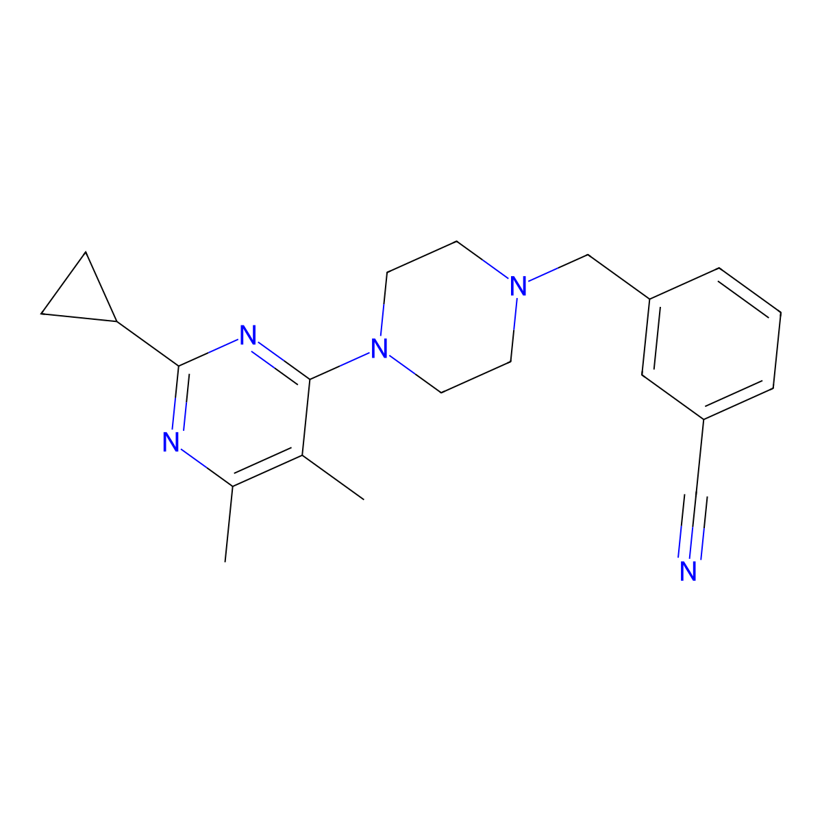 3-{[4-(2-Cyclopropyl-5,6-dimethylpyrimidin-4-yl)piperazin-1-yl]methyl}benzonitrile molecular structure, CAS 2741914-28-1