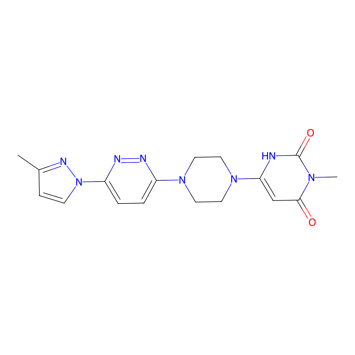 3-methyl-6-{4-[6-(3-methyl-1H-pyrazol-1-yl)pyridazin-3-yl]piperazin-1-yl}-1,2,3,4-tetrahydropyrimidine-2,4-dione molecular structure, CAS 2741914-29-2