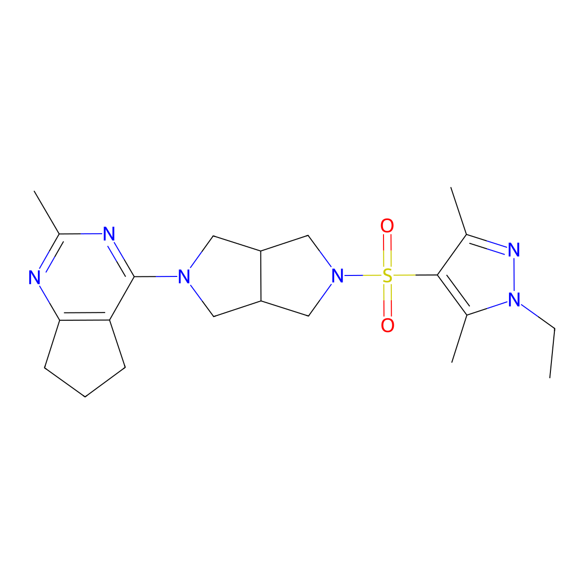 1-ethyl-3,5-dimethyl-4-[(5-{2-methyl-5H,6H,7H-cyclopenta[d]pyrimidin-4-yl}-octahydropyrrolo[3,4-c]pyrrol-2-yl)sulfonyl]-1H-pyrazole molecular structure, CAS 2741914-30-5