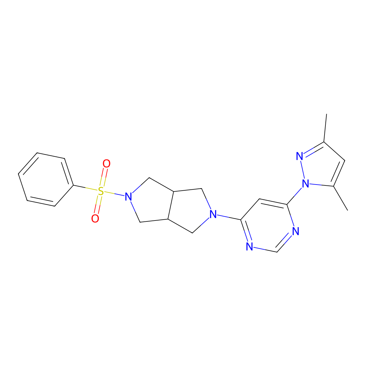 4-[5-(benzenesulfonyl)-octahydropyrrolo[3,4-c]pyrrol-2-yl]-6-(3,5-dimethyl-1H-pyrazol-1-yl)pyrimidine molecular structure, CAS 2741914-33-8