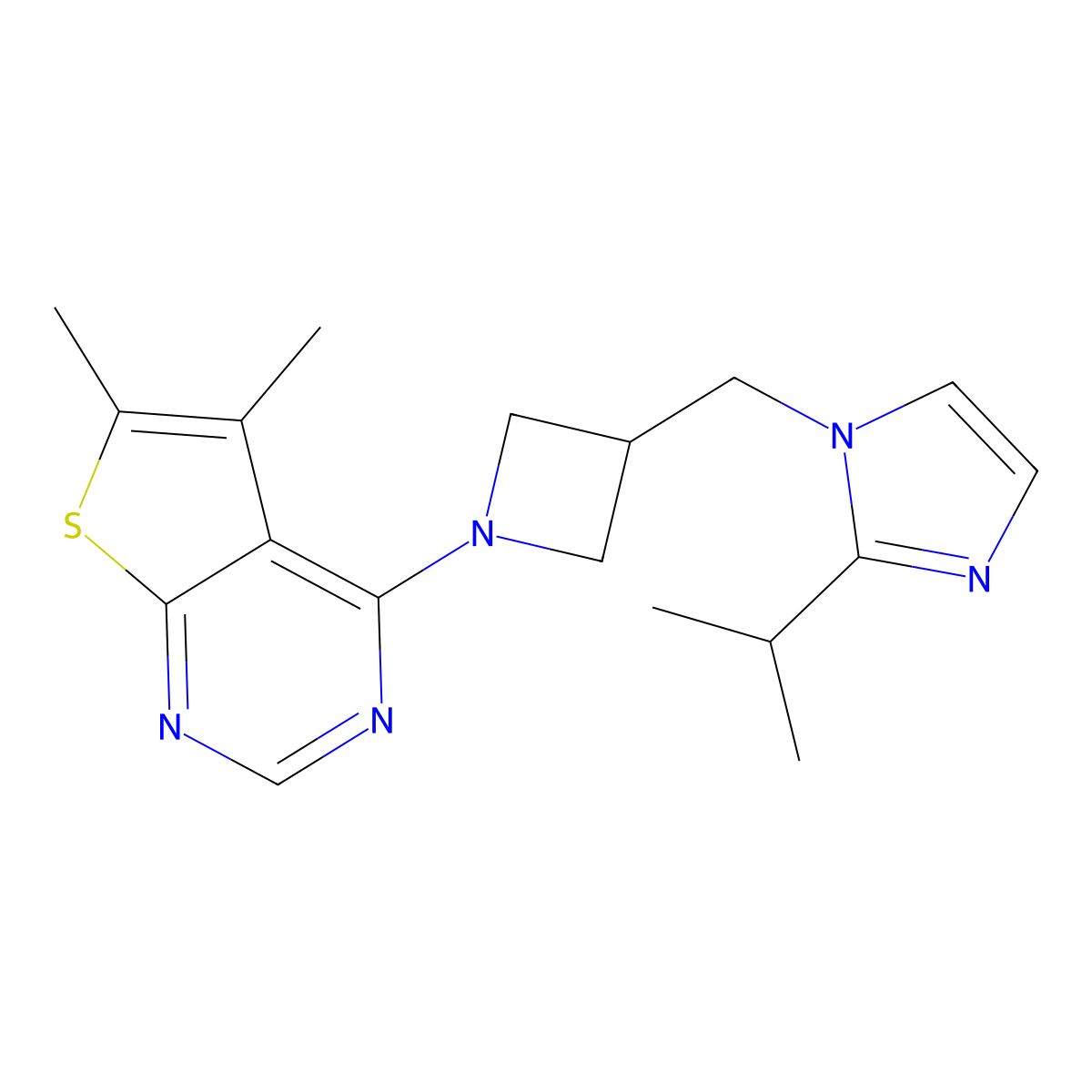 1-[(1-{5,6-dimethylthieno[2,3-d]pyrimidin-4-yl}azetidin-3-yl)methyl]-2-(propan-2-yl)-1H-imidazole molecular structure, CAS 2741914-34-9