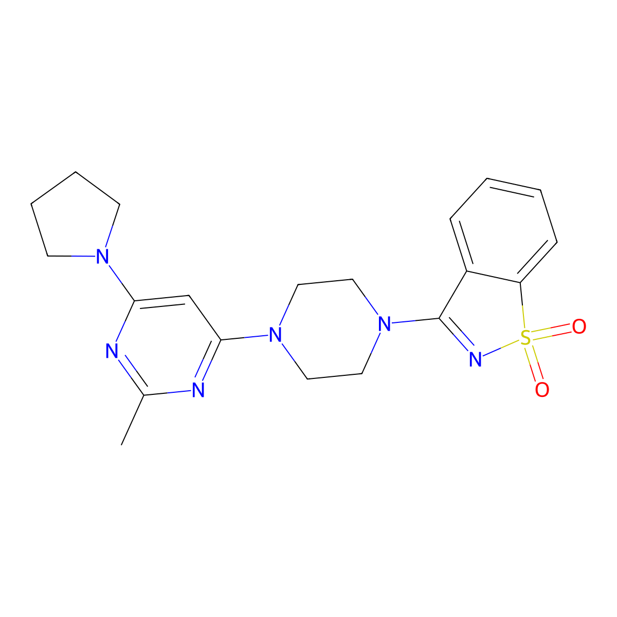 3-{4-[2-Methyl-6-(pyrrolidin-1-yl)pyrimidin-4-yl]piperazin-1-yl}-1lambda6,2-benzothiazole-1,1-dione molecular structure, CAS 2741914-45-2