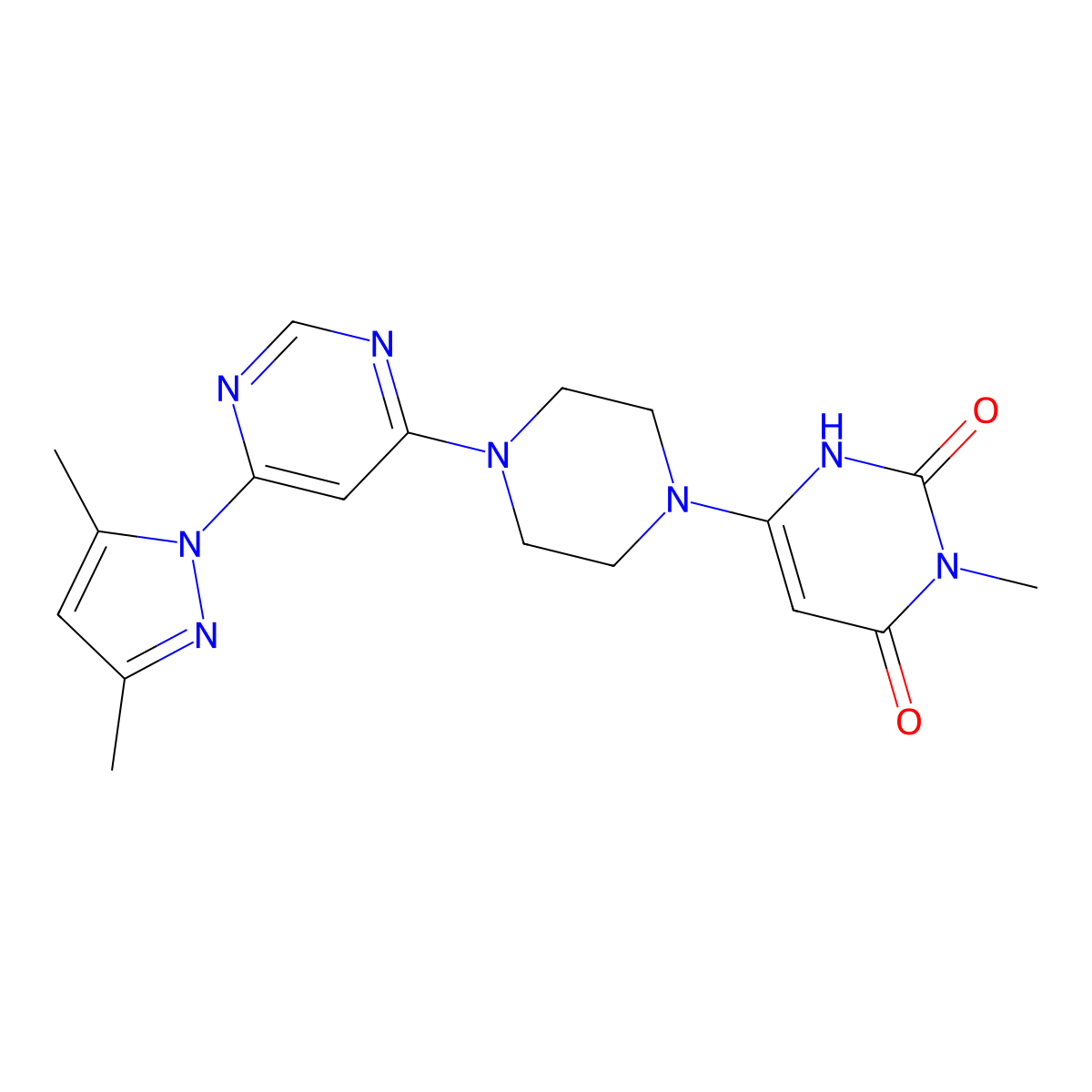 6-{4-[6-(3,5-dimethyl-1H-pyrazol-1-yl)pyrimidin-4-yl]piperazin-1-yl}-3-methyl-1,2,3,4-tetrahydropyrimidine-2,4-dione molecular structure, CAS 2741914-48-5